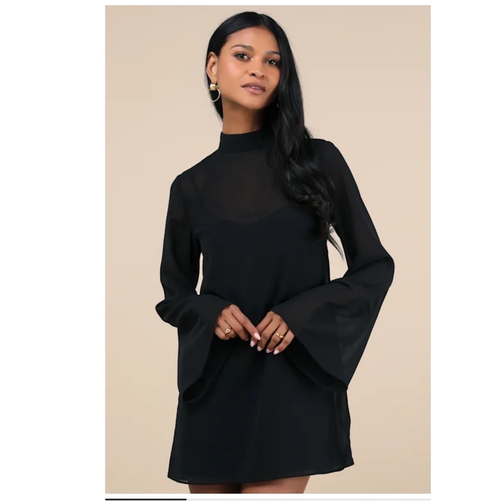 Lulus Perfected Charm Black Bell Sleeve Mini Shift Dress Size XL
